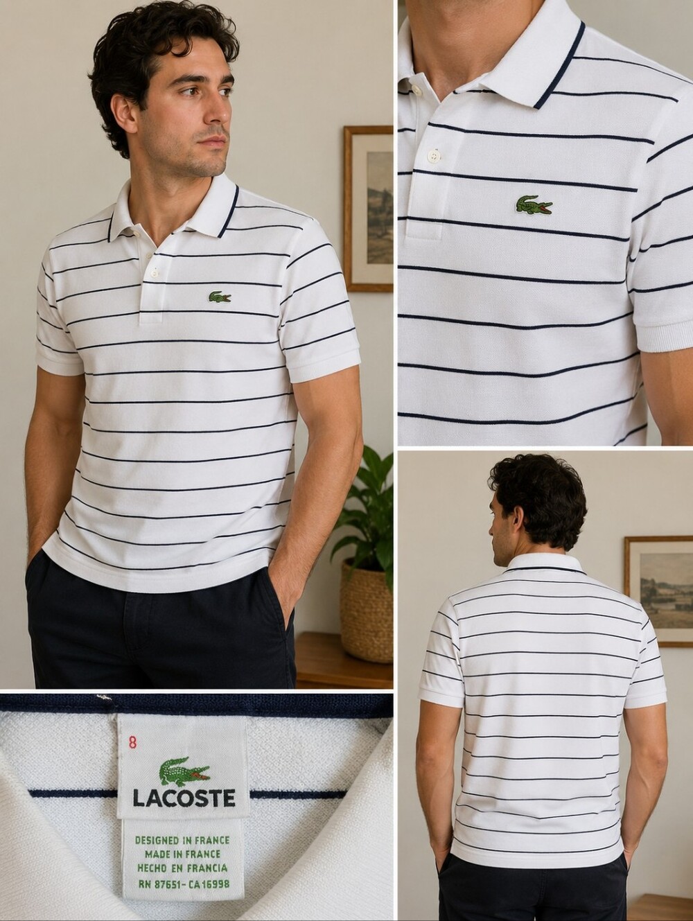 Vintage Lacoste Polo Shirt Made in France White Navy Stripe 100% Cotton Men's Si